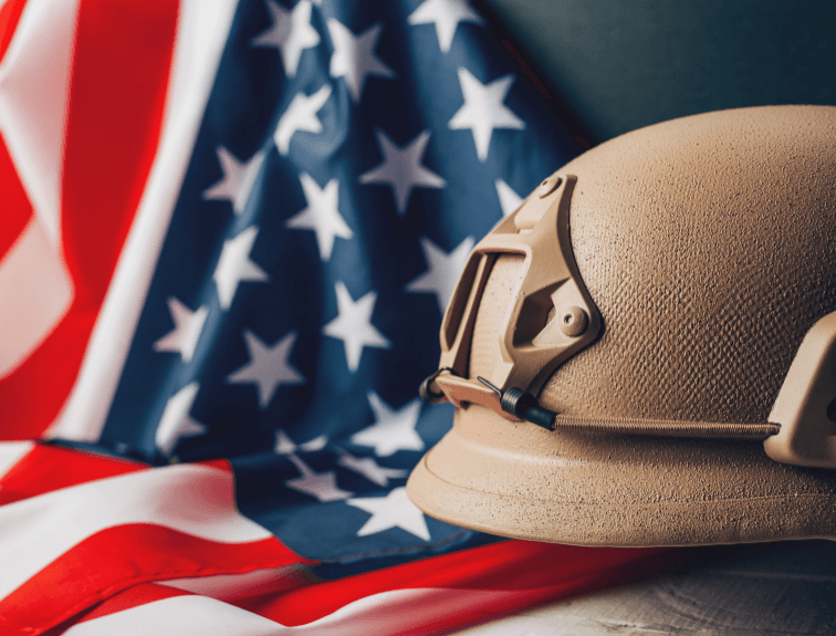 American Flag on left side with Beige Military Helmet on right side